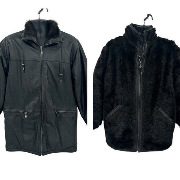 Vtg New York Classics Mens Reversible Leather Jacket Med Black Leather Faux Fur